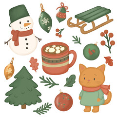 Cozy Winter Cat, Snowman, Cocoa, Tree & Ornaments. Soft Pastel Holiday Illustration. Christmas elements. 