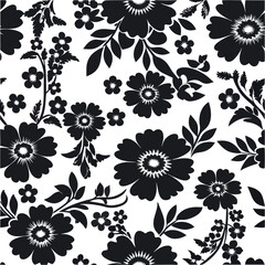 Elegant black and white floral pattern with detailed petals and leaves.