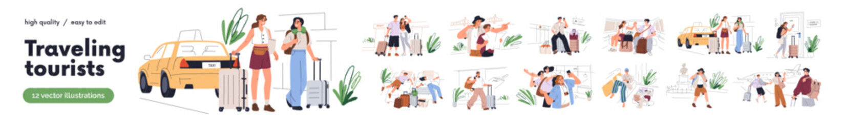 Obraz na płótnie Canvas Tourists travel set. Vacation trip, holiday journey scenes. People with suitcases, luggage at taxi, airport, hotel room, sightseeing, photo. Flat vector illustrations isolated on white background