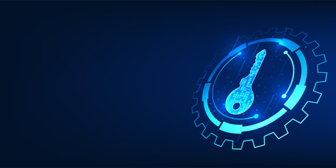 Digital key inside a gear, symbolizing cybersecurity, automated system protection, and secure technology operations