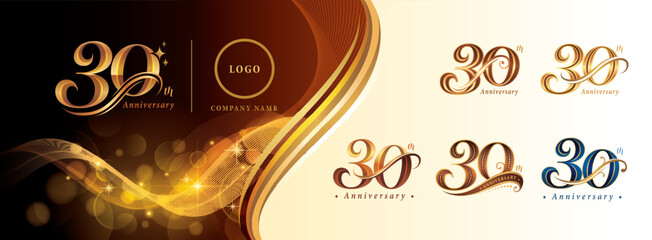 Set of 30th Anniversary logotype design, Thirty years Celebrating Anniversary Logo, Golden Elegant Serif Number 30 Letters, Luxury Classic Retro Logo for Congratulation celebration event, greeting.