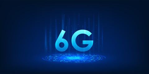 Futuristic 6G technology concept with glowing tech circle below, symbolizing ultra-fast communication, IoT connectivity, and advanced digital networks.