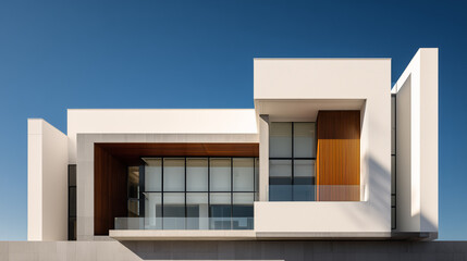 Fototapeta premium A sleek contemporary building with a white, geometric form, glass facade, and warm wood accents. Bright daylight highlights clean lines, modern design, and architectural precision.