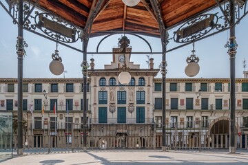 Plaza de los Fueros with Music Pavilion and Town Hall in Tudela, Navarra Spain, Historic Square, Neoclassical Architecture, Public Space © ikuday