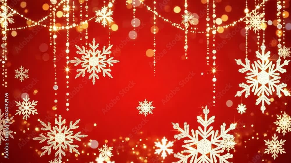 Sticker festive red background with sparkling snowflakes and bokeh lights