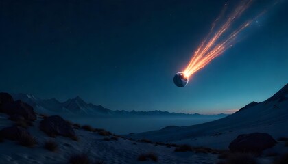 A glowing comet illuminates the night sky over rugged mountains, showcasing the wonders of astronomy and space exploration