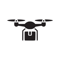 A black silhouette of a drone carrying a package against a white background in a simple illustration