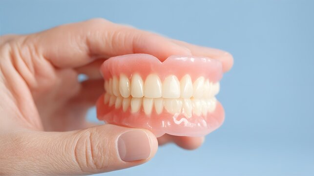 A  shot showcases a set of dental dentures, complete with upper and lower rows of teeth held within a hand against a soft blue background, highlighting teeth replacement.