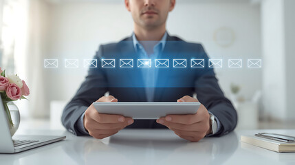 Modern professional engaging with digital email projections emanating from a sleek tablet device, highlighting efficient communication and data management