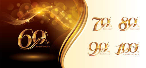 Set of 60 to 100 years Anniversary logotype design, Sixty to Hundred years Celebrate Logo, Gold Curved Lines and Stars Elegant Serif Number 60,70,80,90,100, Luxury Classic Logos for Celebration event.
