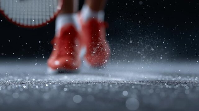 A white badminton shuttlecock strikes the court repeatedly as a red racket hits it, sending it bouncing and scattering dust across the dark indoor sports floor.