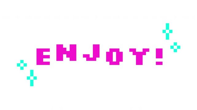 Animated cta button enjoy in pink pixel typography. Inspirational motivational word. Have fun. Positive message. Retro 8 bit style bouncing text reaction animation sparkles. Pixelated jumping letters