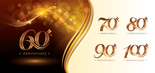 Set 60 to 100 years Anniversary logotype design, Sixty to Hundred years Celebrate Logo, Red Gold Curved Lines and Stars Elegant Serif Number 60,70,80,90,100, Luxury Classic Logos for Celebration event