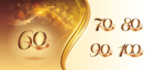 Set of 60 to 100 years Anniversary logotype design, Sixty to Hundred years Celebrate Logo, Red Gold Curved Ribbon Lines Elegant Serif Number 60,70,80,90,100, Luxury Classic Logos for Celebration event