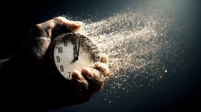 The passing of time is visually depicted in this image, featuring a hand holding an antique clock as it disintegrates into sparkling dust, all set against a dark and moody background. - Powered by Adobe