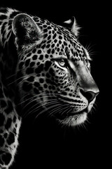 Obraz premium Monochrome Fineart Leopard Portrait Against Deep Black Background, Close-up Profile of Wild Cat Face with Intense Stare, Detailed Fur and Spots, Wildlife and Power Concept
