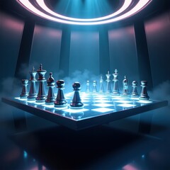 Futuristic Neon Chess Game Scene Displayed Under Atmospheric Lighting