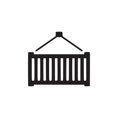 A black and white graphic icon of a shipping container suspended from a simple crane structure