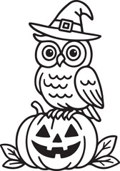 An owl with a witch hat is perched atop a carved pumpkin, a classic Halloween tableau. A whimsical illustration full of spooky, festive charm, suitable for seasonal designs.