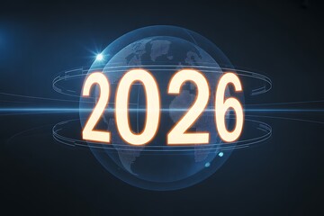 Dynamic glowing 2026 numerals illuminate a futuristic digital globe with orbiting rings and light flares, perfect for future-focused business and technology themes.