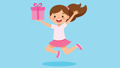 A joyful girl jumps in the air, holding a pink gift box, celebrating.