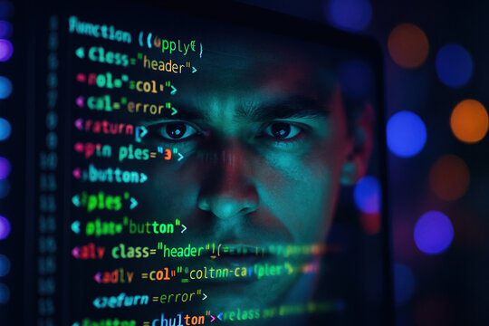 Focused programmer immersed in coding, illuminated by vibrant screen light.