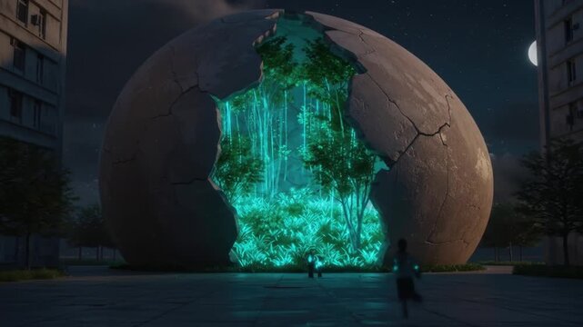 Giant eggshell revealing a lush green forest with blue glowing light