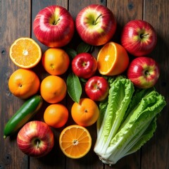 Fresh Organic Fruits and Vegetables Arrangement on Wood Table