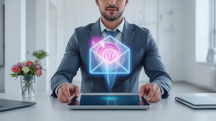 Professional uses a sleek tablet to project a glowing email icon, representing secure digital communication, efficient outreach, and modern business connectivity