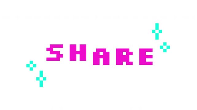 Animated cta button share in pink pixel typography. Online community. Media sharing. Post engagement. Promotion. Retro 8 bit style bouncing text reaction animation sparkles. Pixelated jumping letters