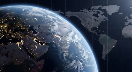 Captivating view of Earth from orbit, highlighting city lights on the night side and vast sunlit continents, symbolizing global connectivity and technological progress