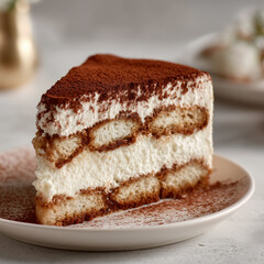 Ai delicious slice of tiramisu served on a plate with cocoa powder on the side