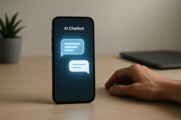AI Chatbot Interface on Smartphone Display with Hand Nearby on Desk