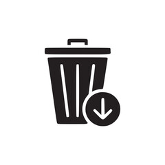 A black trash can icon with a downward arrow in a circle on a white background in simple style