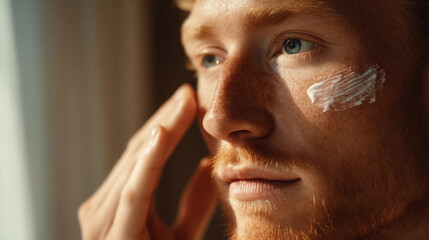 Caucasian man with ginger hair, freckles applying cream to face standing near window. Anti-aging skincare. Healthy skin. Generative AI
