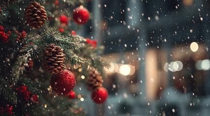 christmas tree with red ornaments and pine cones, blurred background of bokeh lights and snowflakes, close-up. christmas decorations. abstract festive background. new year's atmosphere. stock photo wi