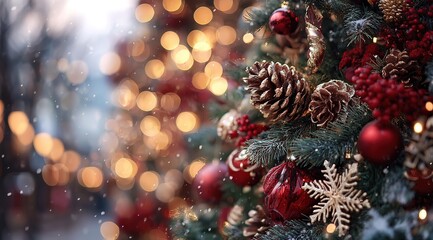 christmas tree with red ornaments and pine cones, blurred background of bokeh lights and snowflakes, close-up. christmas decorations. abstract festive background. new year's atmosphere. stock photo wi