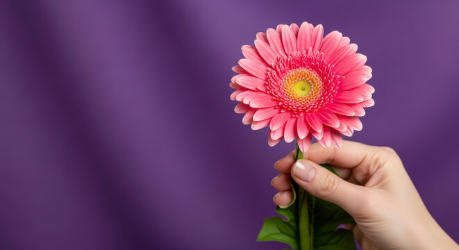 A delicate pink gerbera daisy presented on a vibrant purple background