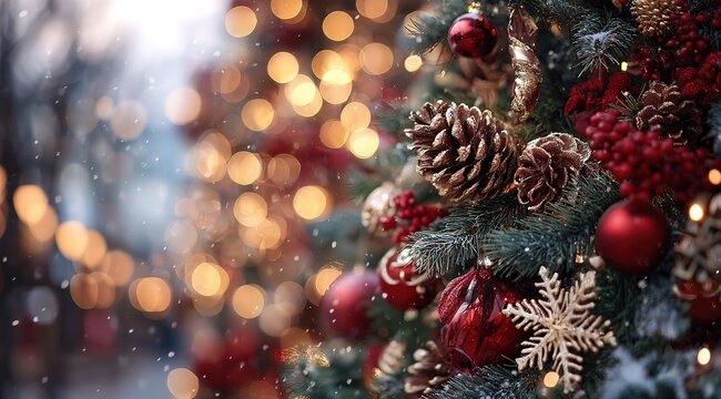 christmas tree with red ornaments and pine cones, blurred background of bokeh lights and snowflakes, close-up. christmas decorations. abstract festive background. new year's atmosphere. stock photo wi - Powered by Adobe