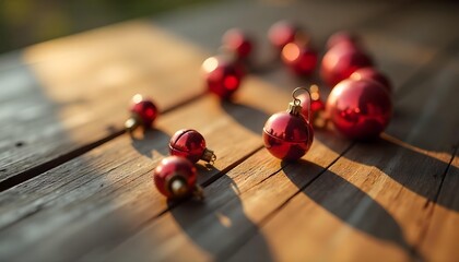 Naklejka premium Red Christmas ornaments scattered on a wooden table, evoking a cozy holiday atmosphere filled with joy and togetherness