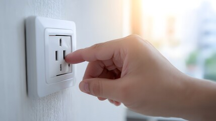 A person's finger is about to plug into an electrical outlet, showcasing a  view of a white, rectangular wall socket with a hand reaching towards it, the composition offers an aesthetic with soft...
