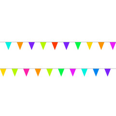 Abstract colorful horizontal pattern. Seamless print composed of red, blue, yellow, green flags on white background. Festive garland of triangle flags