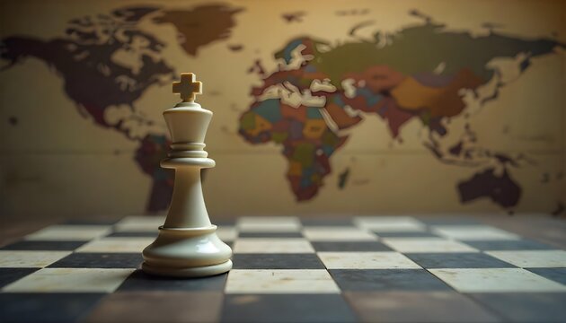 A white chess piece on a wooden table, with a world map behind, illustrating themes of strategy, competition, and global chess