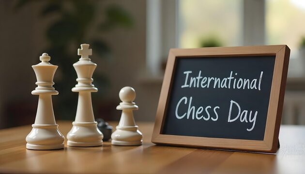 Chess board with pieces and an International Chess Day sign, symbolizing strategy, competition, and intellectual challenge