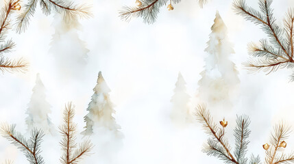 Delicate watercolor Christmas trees surrounded by soft pine branches create serene winter atmosphere