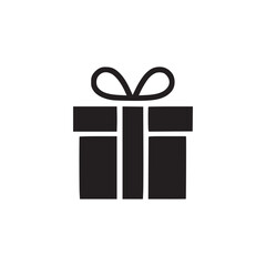A simple black gift box icon with a bow isolated on a white background in a minimalist style