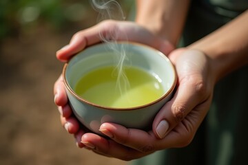 Hands holding a steaming cup of refreshing green tea outdoors