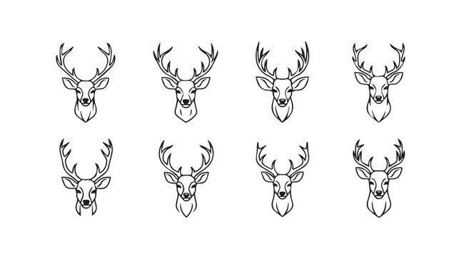 Set of eight stylized deer head silhouettes with antlers decorative line art for design projects vector