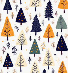 Obraz premium Seamless christmas pattern featuring green and yellow decorated fir trees, branches, and dots on a white background