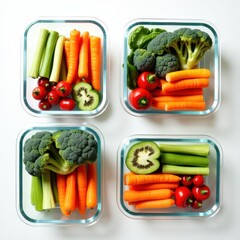Healthy Fresh Vegetable Meal Prep Containers Filled With Carrots Celery Broccoli And Tomatoes